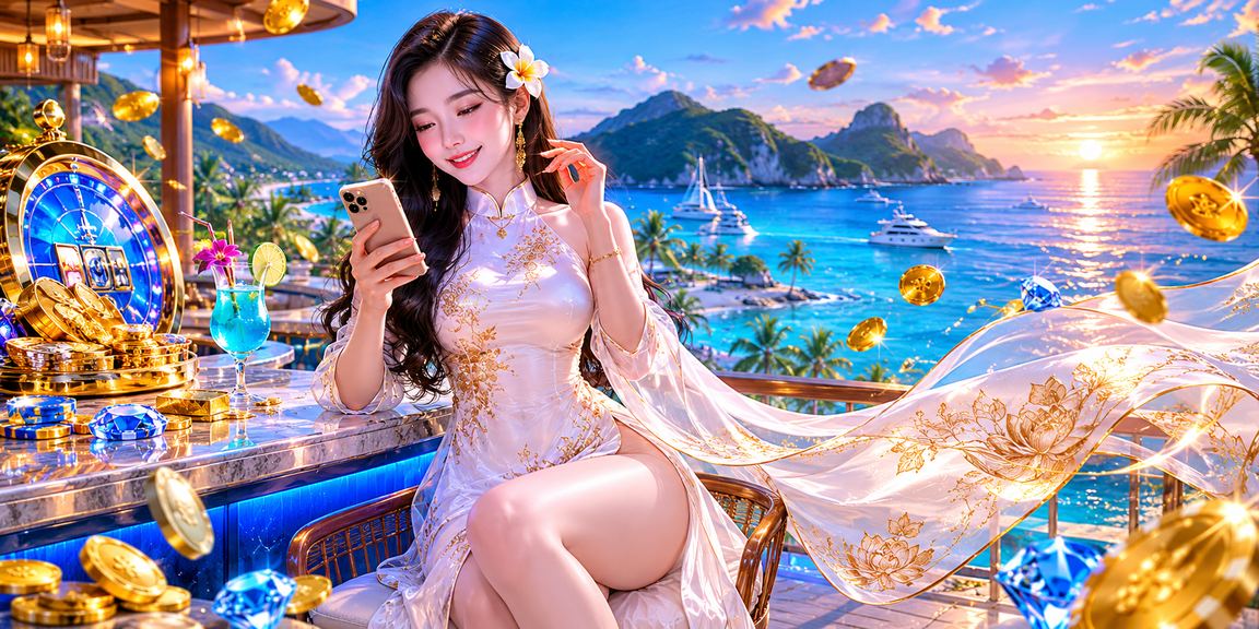 Người dùng tại Côn Đảo mặc áo dài truy cập casino di động bên bờ biển